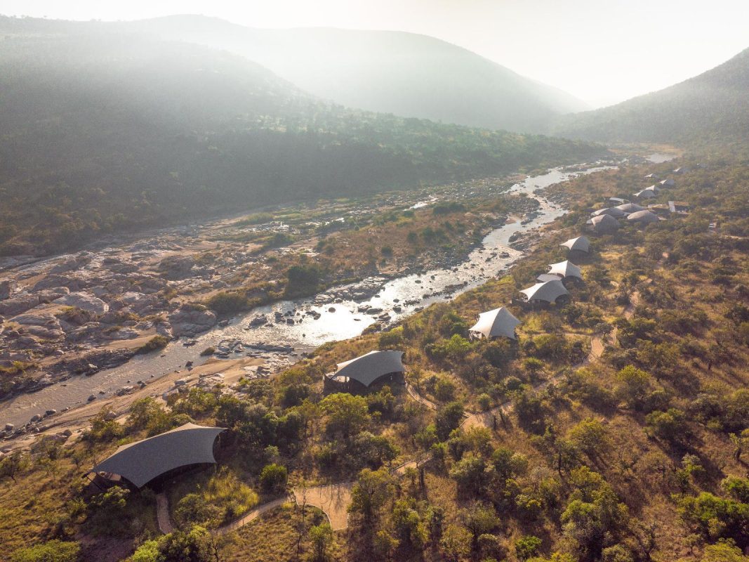 An aerial image of Madwaleni River Lodge in the Babanango Game Reserve